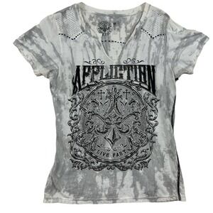 Affliction Live Fast Women White Short Sleeve V-Neck‎ Sz XL Studded